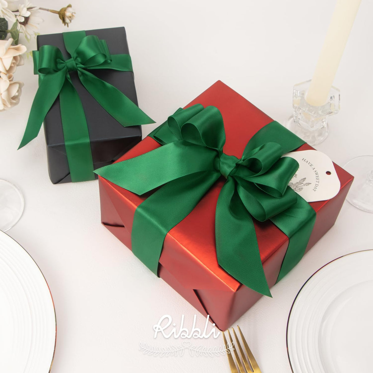 Ribbli Forest Green Double Faced Satin Ribbon,1-1/2” x Continuous 25 Yards,Use for Craft Bows