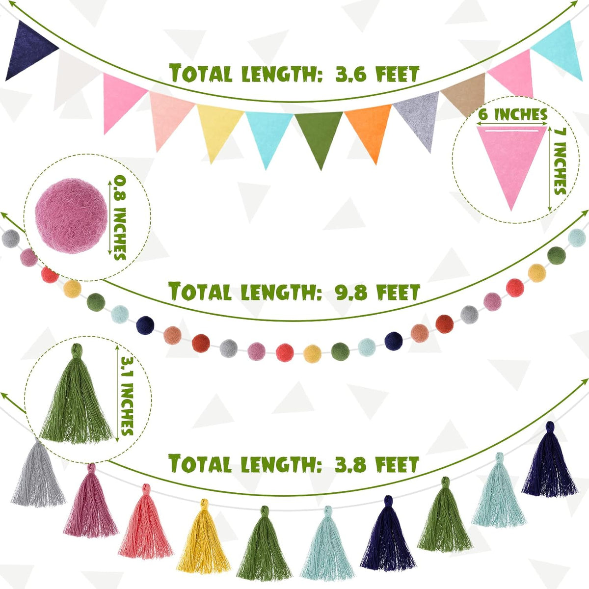 Irenare 9.8 ft Pom Pom Garland Felt Colorful Tassel Banner Christmas Party Pompoms Garland