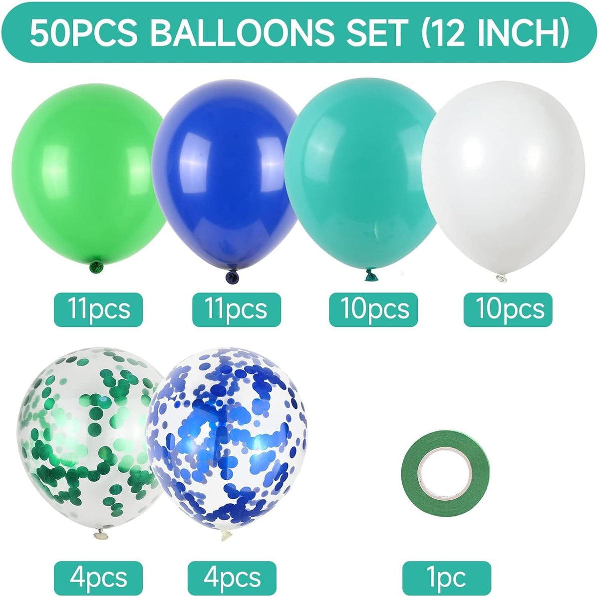 50Pcs Blue Green Balloons 12inch Light Green Blue Vintage Confetti Balloon with Ribbons for Boys