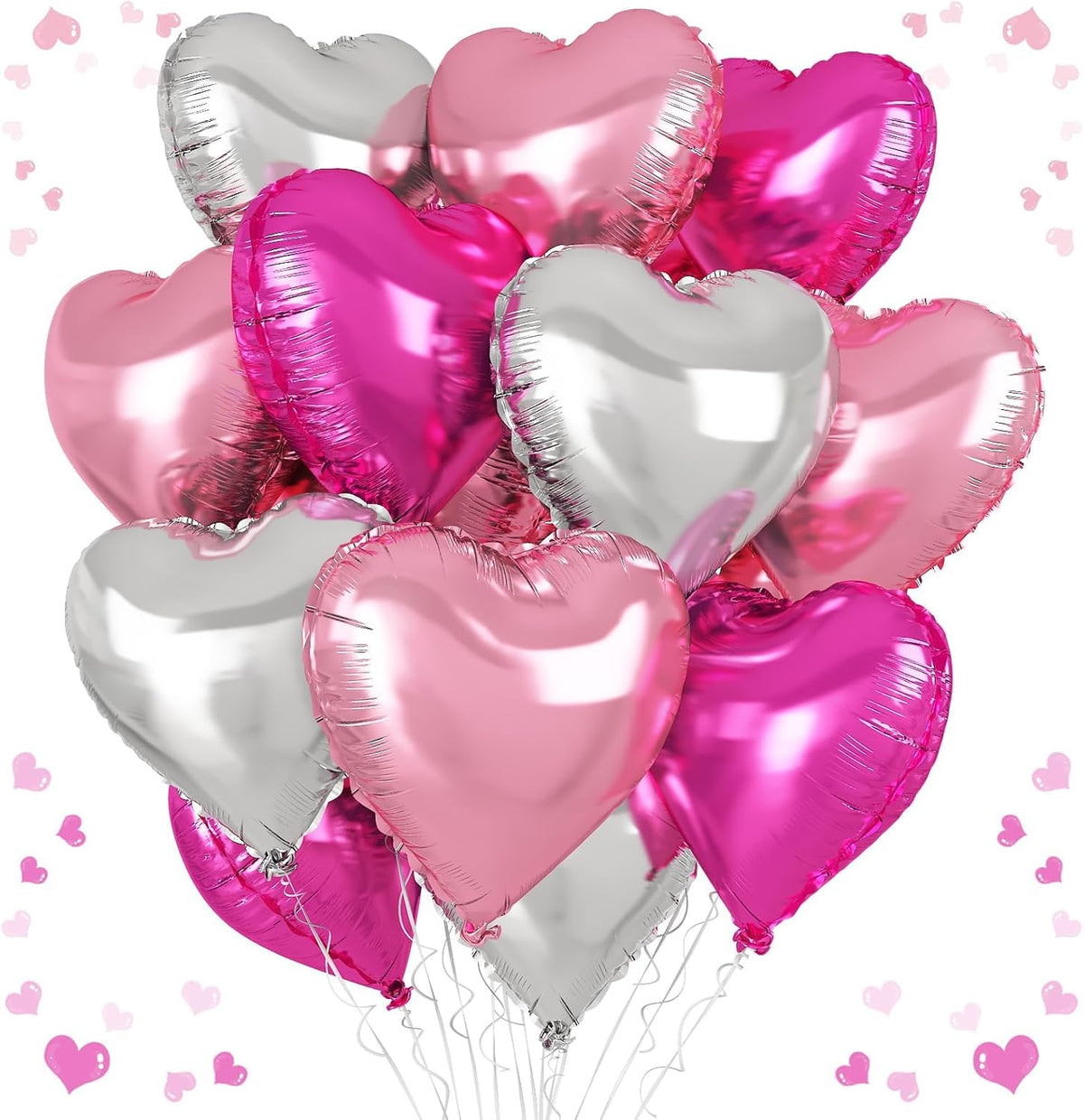 Rose Red Silver Heart Balloons, 18 Inch Light Pink and Silver Heart Shaped Balloon, 12PCS Hot Pink
