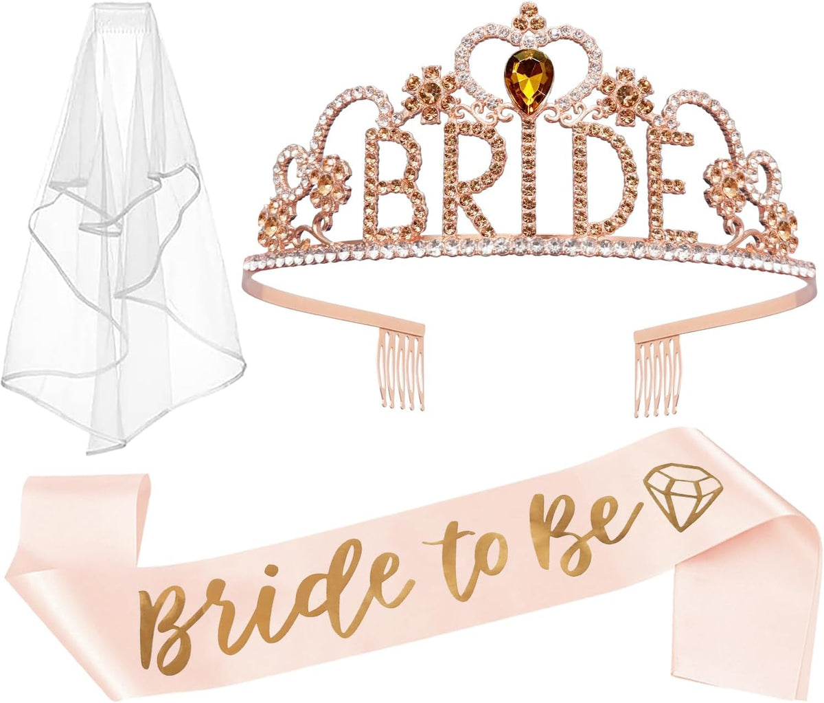 JETKONG 3 Pcs Bachelorette Party Decorations "BRIDE" Crown, Bride to Be Sash&Veil for Women