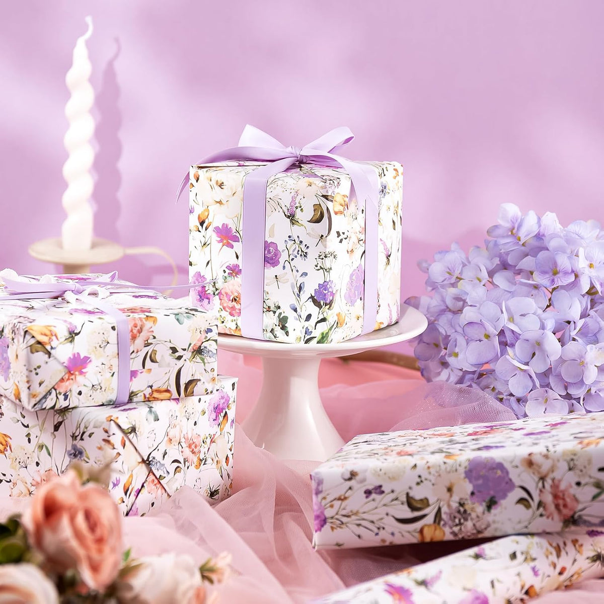 WRAPAHOLIC Kraft Floral Wrapping Paper Roll - Mini Roll - 17 Inch x 16.5 Feet - Garden Wildflower