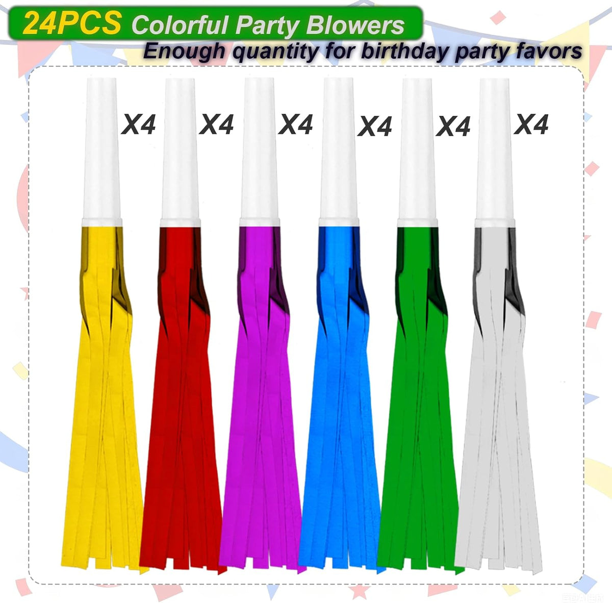 24PCS Bulk Party Blowers & Colourful Noise Makers - Fringed Glitter Party Horns Whistles for