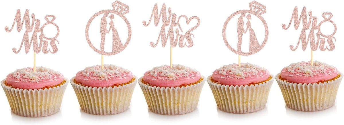 Sotpot 24PCS Miss to Mrs Cupcake Toppers with Ring Rose Gold Glitter for Wedding Bridal Shower