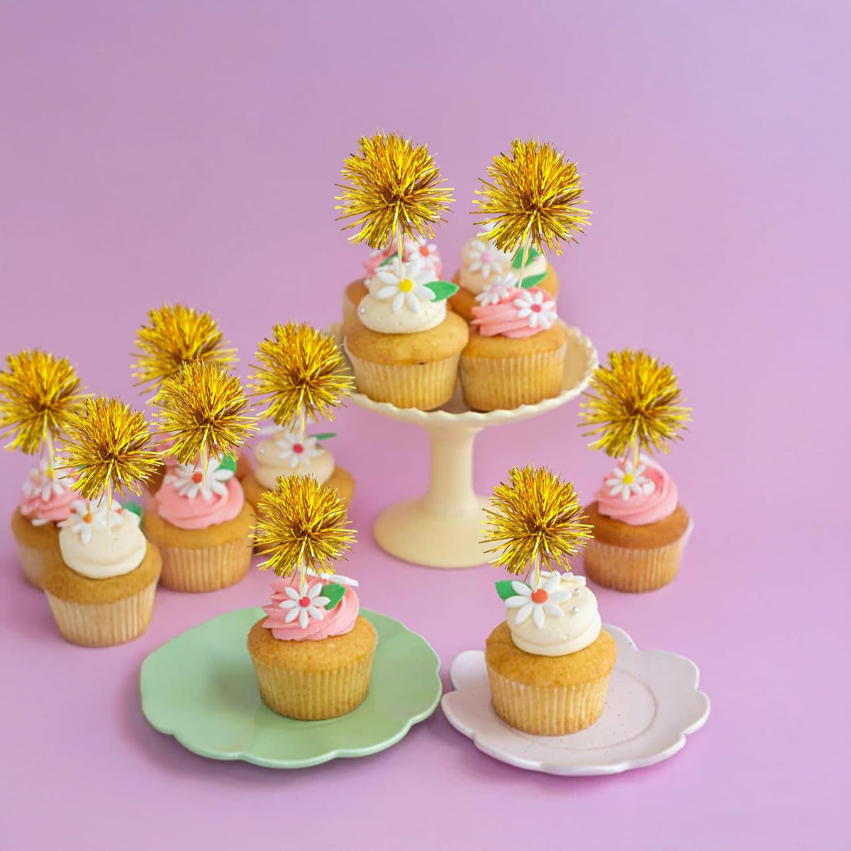 Gyufise 30Pcs Foil Firework Cupcake Toppers Sparkle Tinsel Cake Toppers Tinsel Drink Cake