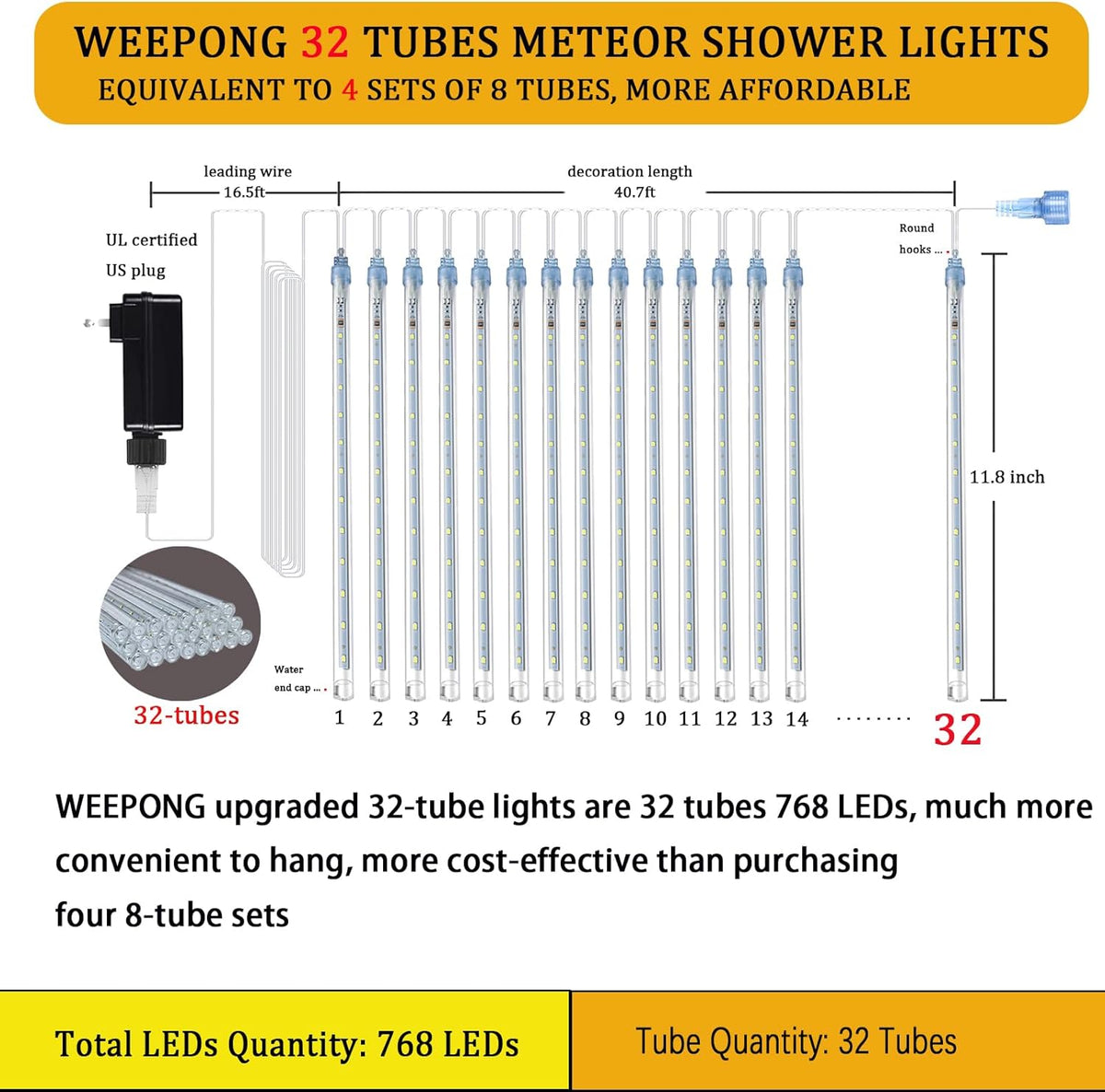 Christmas Lights Outdoor 32 Tubes 768 LEDs Meteor Shower Lights UL Certified Snow Falling Rain Drop