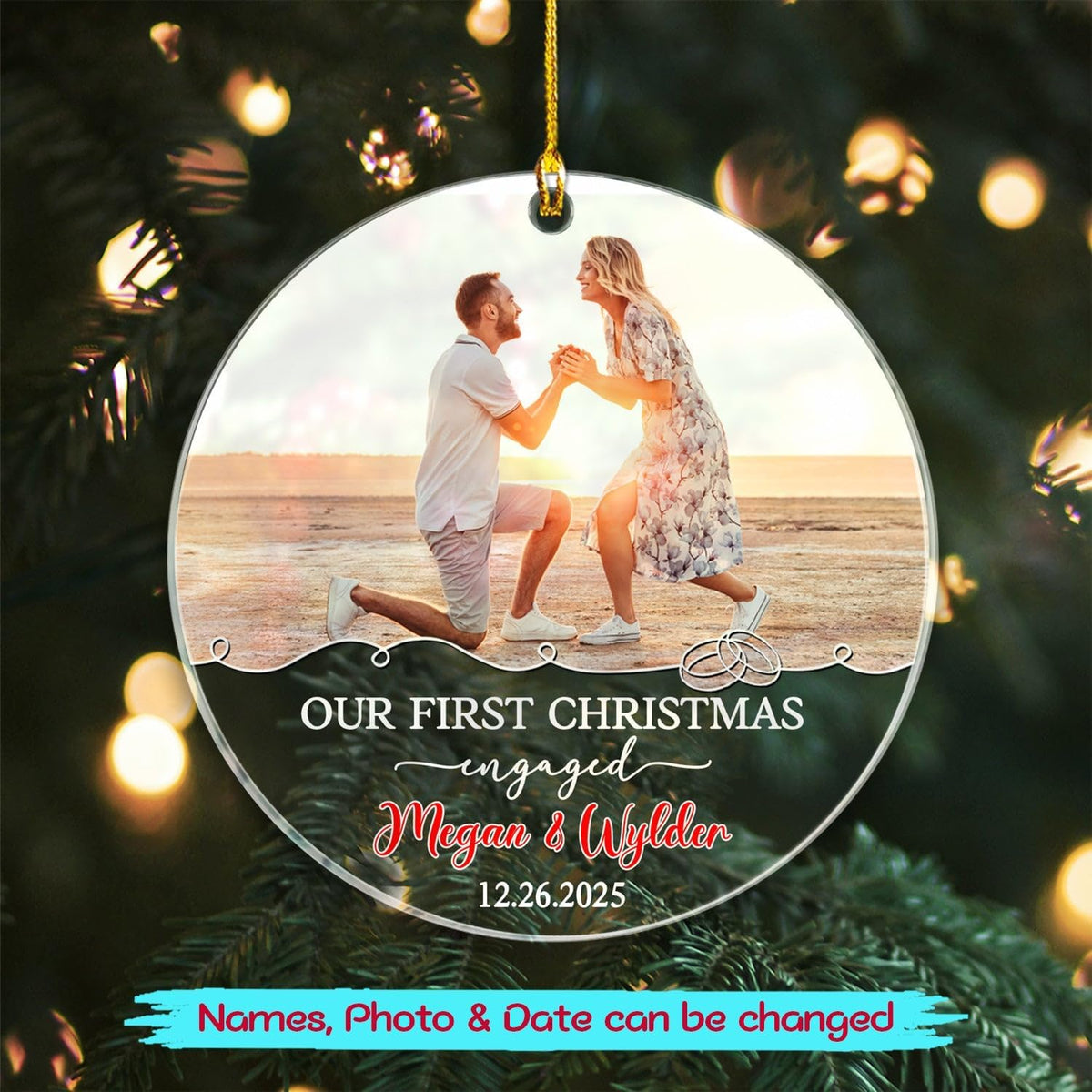 Our First Christmas Engaged Ornament, Customized Name Date & Photo Couple Just Engaged Ornament