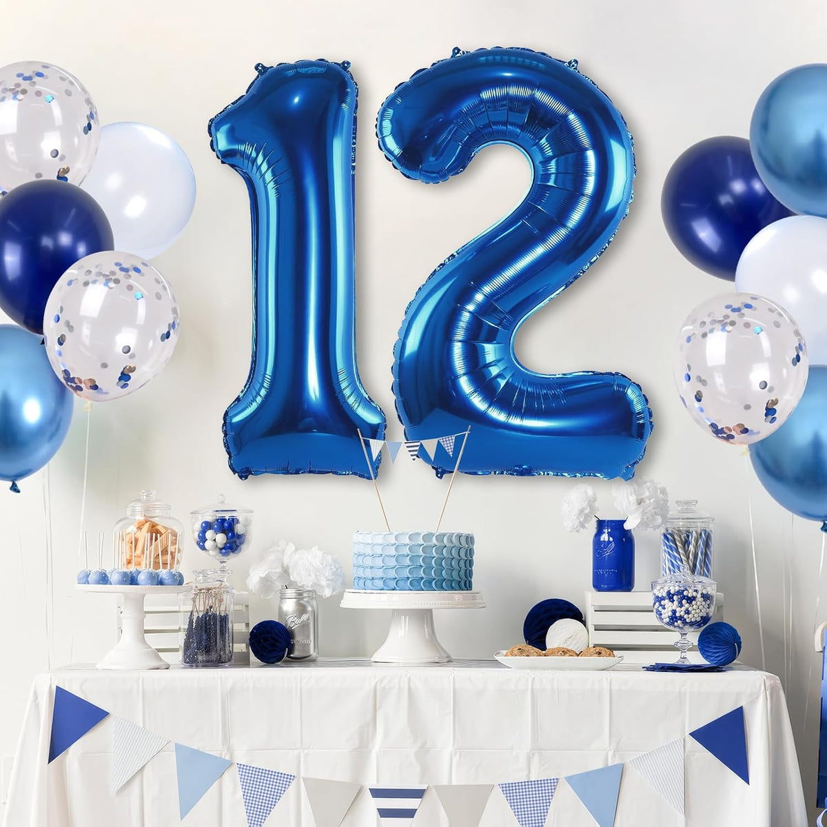 Navy Blue 12th Birthday Giant Self Inflating Number 12 Balloon, Metallic Dark Blue Silver Confetti