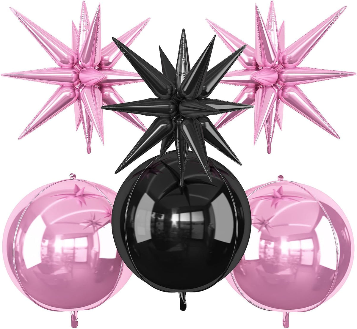 6Pcs Pink Black Foil Balloons,22Inch Black and Pink 4D Round Ball Balloon and Explosion Star