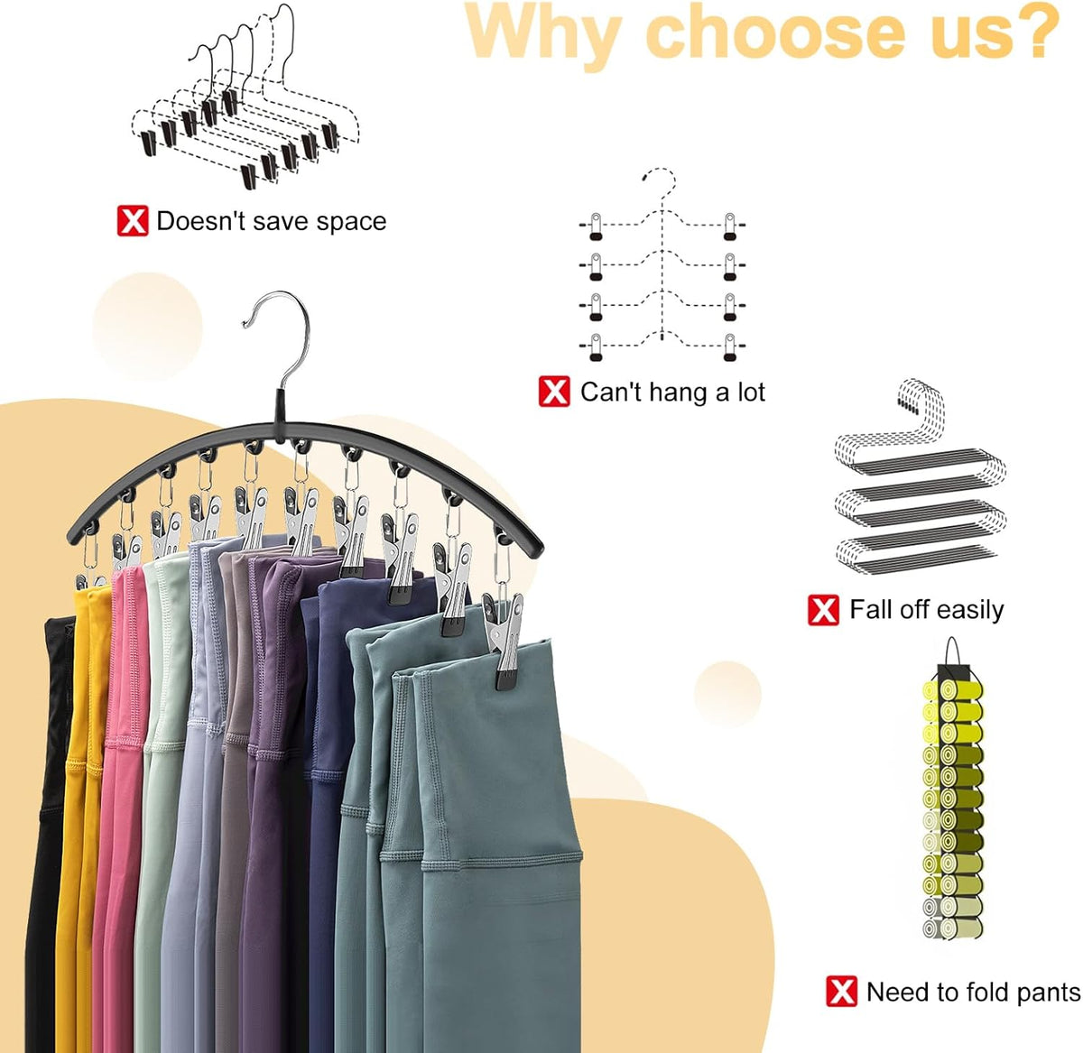 Legging Organizer for Closet, Metal Yoga Pants Hangers 4 Pack w/10 Clips Holds 40 Leggings, Space