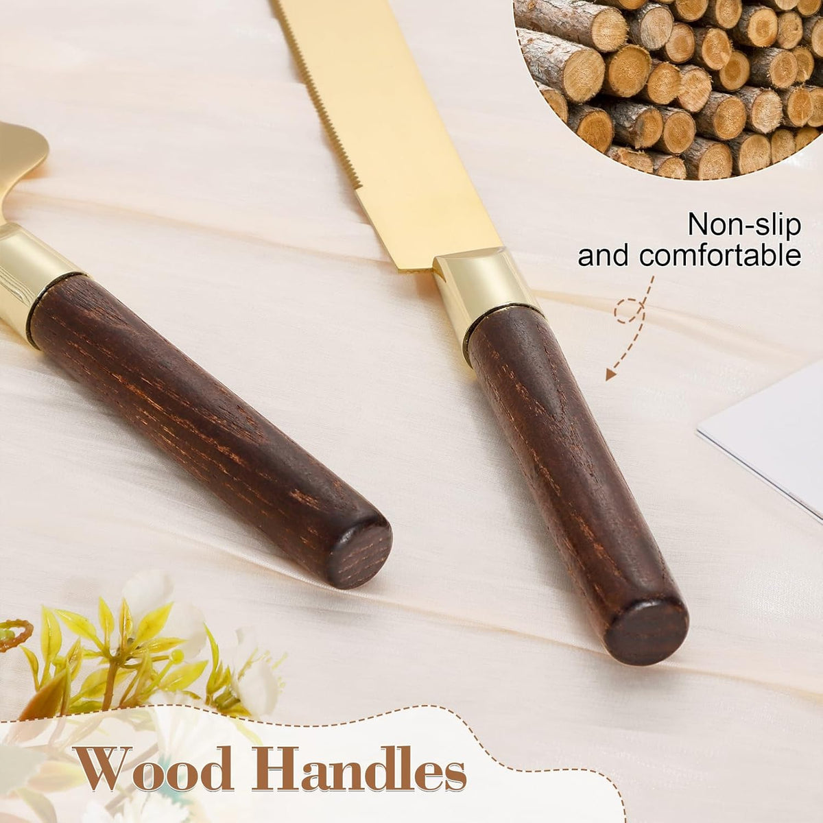 Gold Cake Cutting Set for Wedding, Wood Cake Knife and Server Set, Vintage 2-Piece Pie Cutter Set