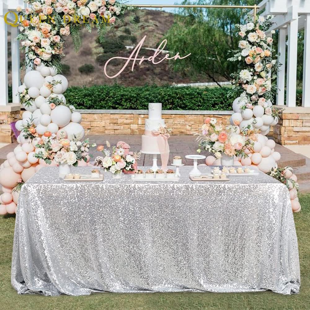 QueenDream Tablecloth 90x156 Rectangle Sequin Tablecloth Silver Wedding Table Linens Glitter