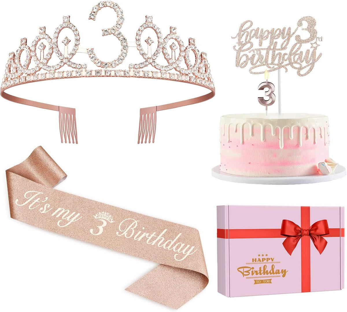 3rd Birthday Decorations for Girls, Including Sash, Crown/Tiara, Candles, Cake Toppers, 3rd