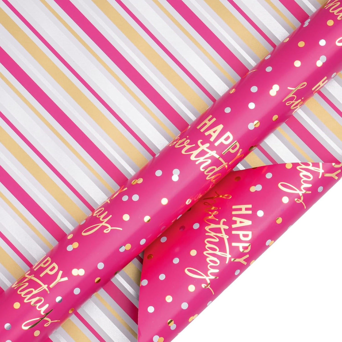 LeZakaa Reversible Pink Birthday Wrapping Paper Roll for Girls Women, Happy Birthday Lettering &