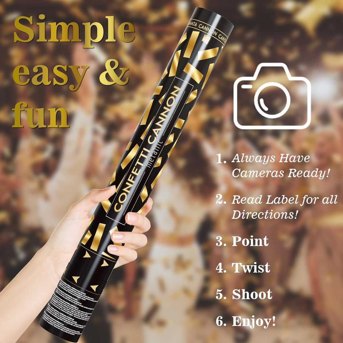 Yellow Confetti Poppers, 15 Inch Gold Party Poppers for Birthday, Wedding, Halloween Celebrations