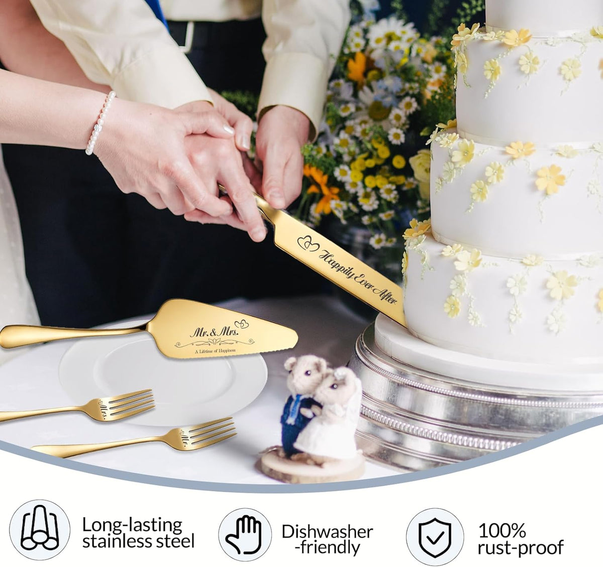 Personalized Wedding Cake Knife and Server Set, Wedding Gold Cake Cutting Set with Stainless Steel