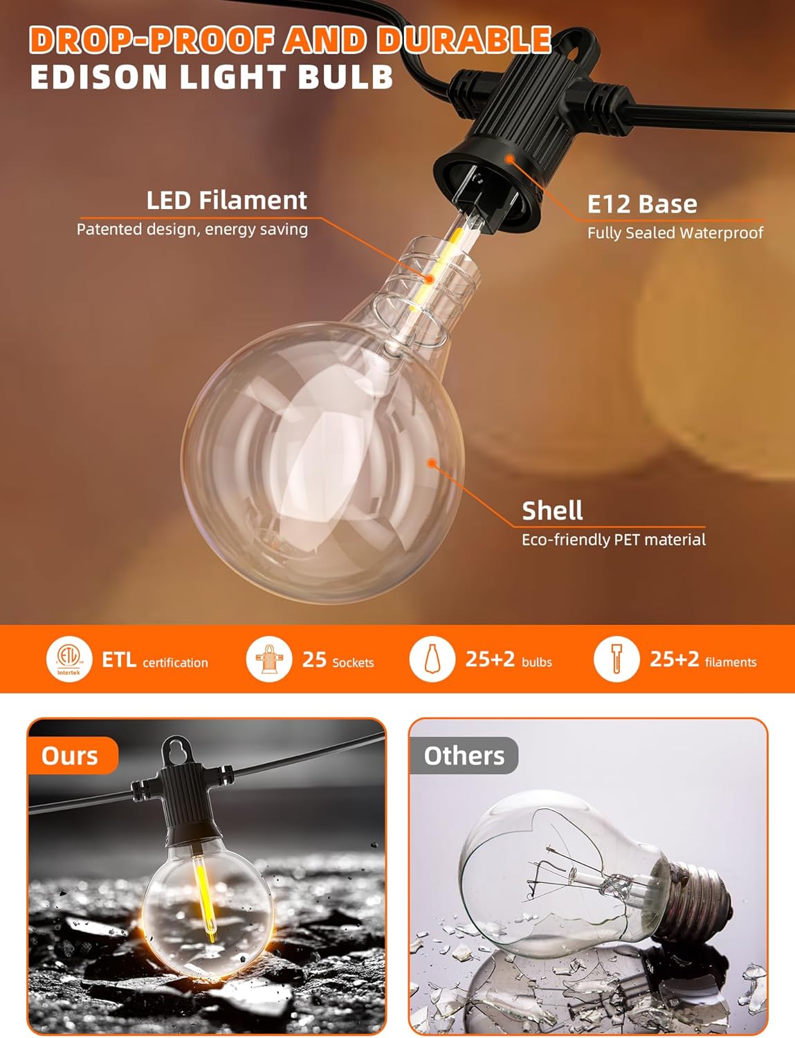 Kawaya Solar Powered String Lights for Outside, Outdoor IP65 Waterproof LED Patio Light with