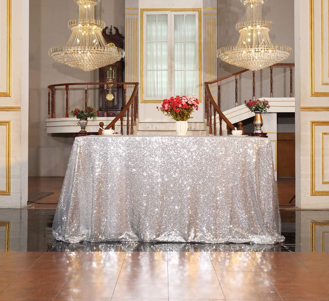 SquarePie Sequin Tablecloth 60 x 120 Inch Silver Reflect Lights Bling Sparkly Table Cloth for