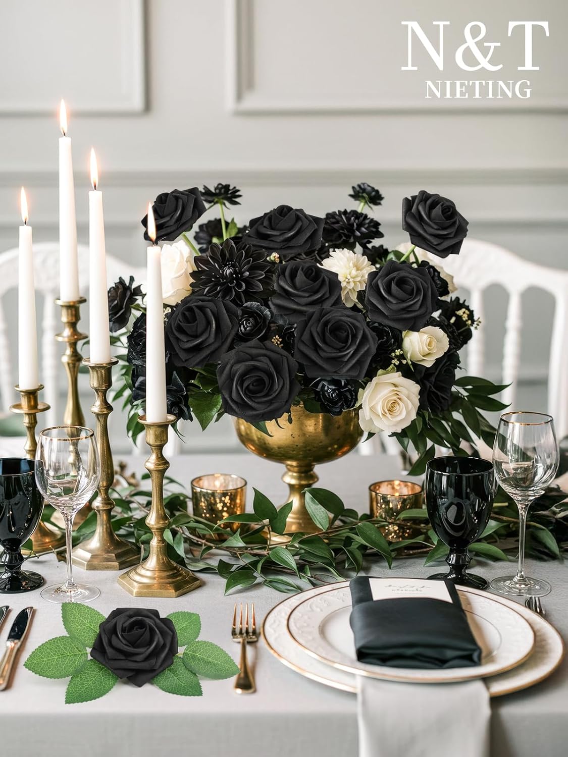 N&T NIETING Artificial Flowers Black Rose 50pcs Real Touch Flowers Perfect for for DIY Bouquets