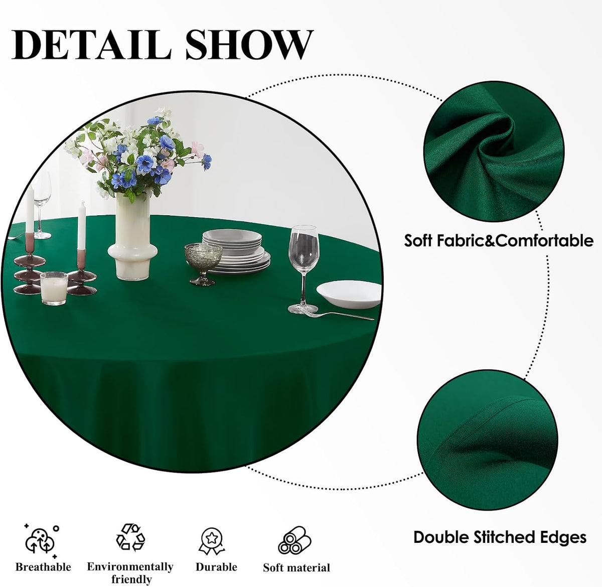 Round Tablecloth 2 Pack 108 Inch Dark Green Tablecloths Washable Decorative Linen Polyester Table
