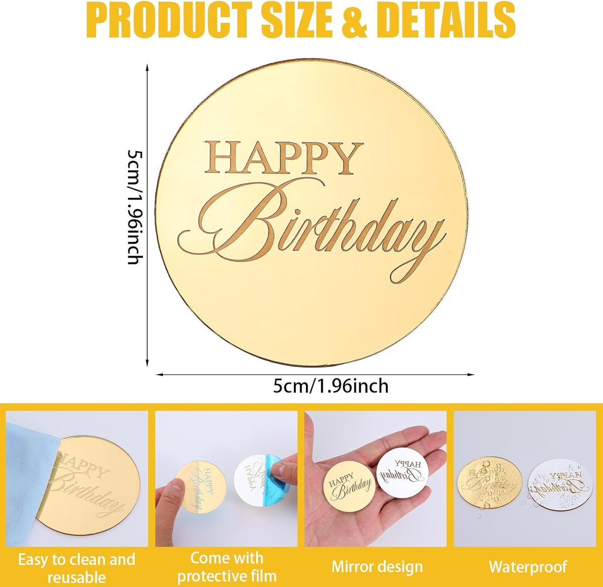 Mirror Round Cupcake Toppers Acrylic Circle Happy Birthday Cupcake Toppers, 20PCS Happy Birthday