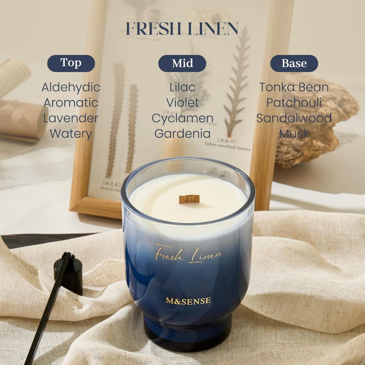 M&SENSE 16.6oz Natural Soy Large Jar Candle with Wooden Wick | Fresh Linen Scent | 95-Hour Burn &