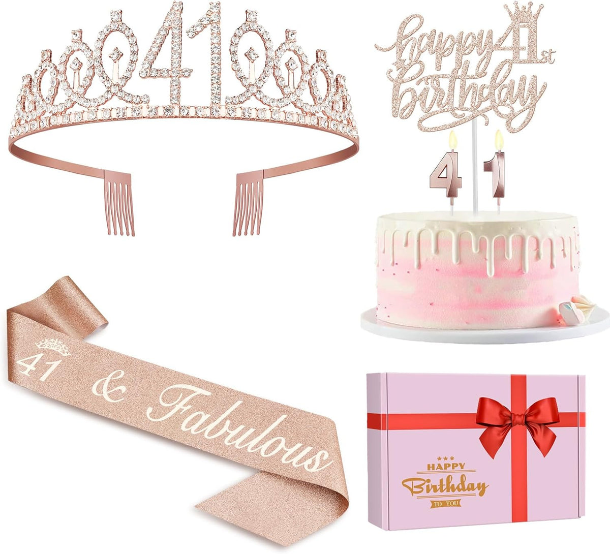 41 Birthday Decorations for Women Including Birthday Sash, Crown/Tiara, Numeral Candles and Cake