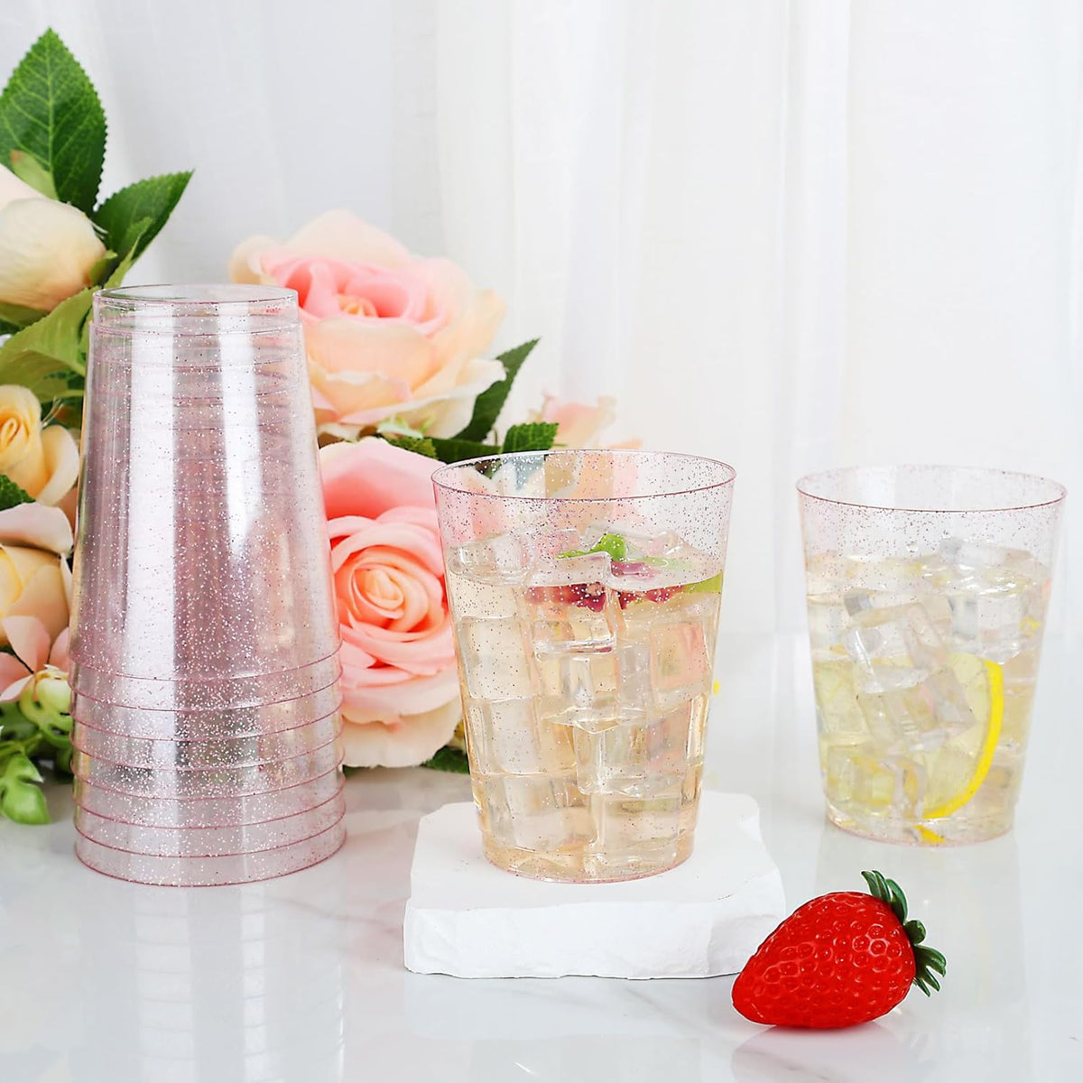DaYammi 100 Pack 10oz Pink Plastic Cups, Premium Disposable Rose Gold Glitter Plastic Cups for