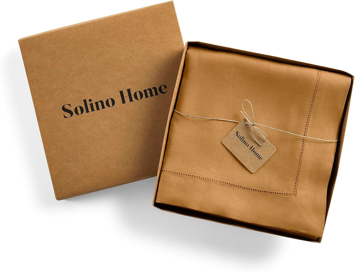 Solino Home Brown Sugar Linen Tablecloth 60 x 90 Inch - Classic Hemstitch, 100% Pure Linen