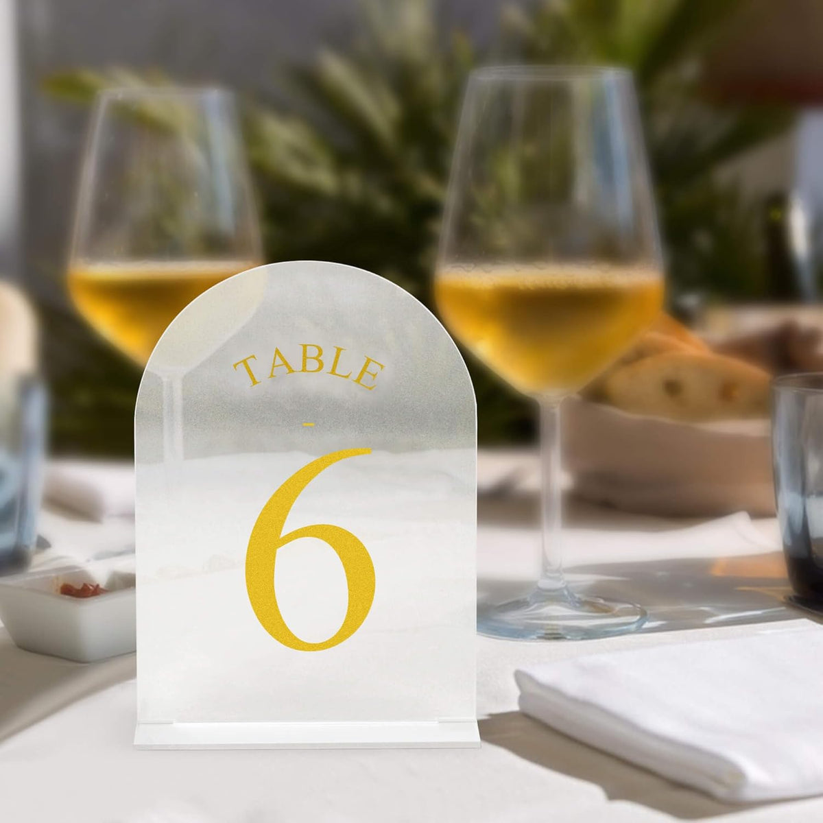 JOYIT Frosted Arch Wedding Table Numbers 1-50 with Stands – 5" X 7" Acrylic Gold Table Number