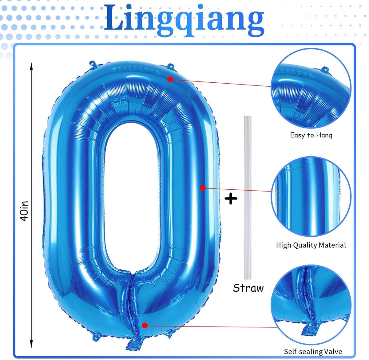 Blue Balloon Number 0, 40 Inch Large Self Inflating Foil Number Balloons 0-9, Giant 0 Digital
