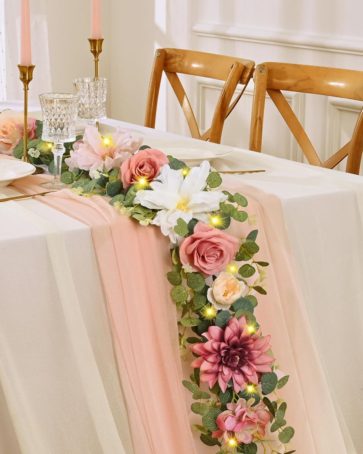 Waipfaru Artificial Flower Garland with Lights, 6.07Ft Lighted Eucalyptus Greenery Garland, Pink