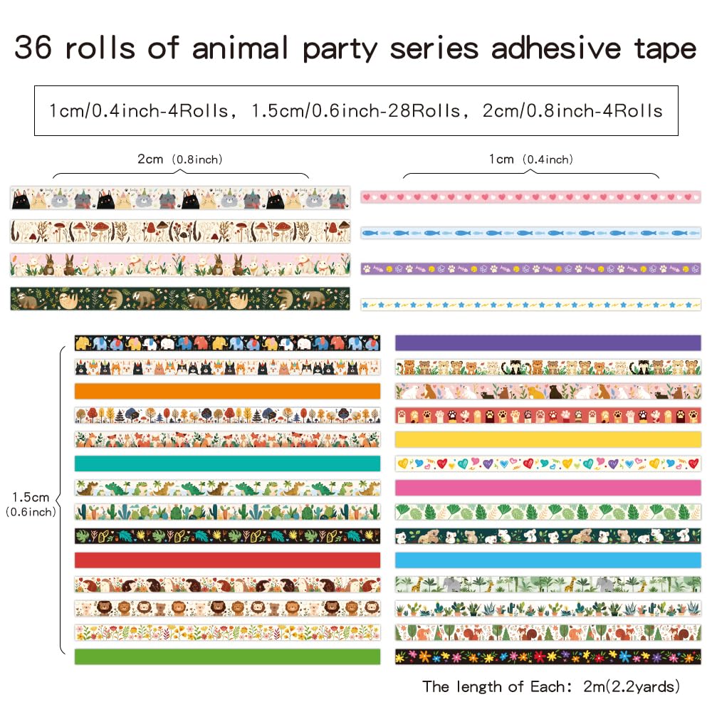 36 Rolls Animal Theme Washi Tape Set, Colorful Cute Adorable Animals Writable Decorative Tapes for
