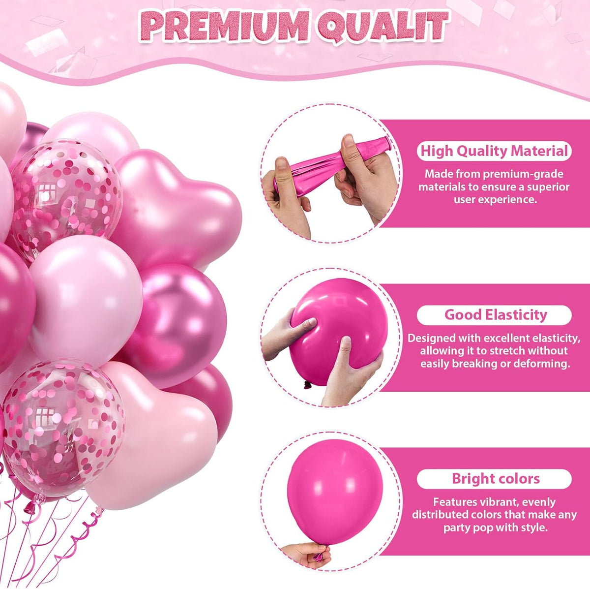Hot Pink Balloons, 60pcs Metallic Pink Magenta Balloons With Macaron Heart Latex Balloon Confetti