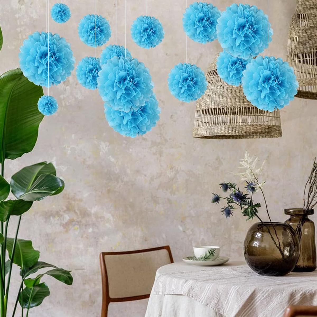 20 PCS Baby Blue Tissue Paper Pom Poms, Tissue Pom Poms Flowers, Sizes of 6", 10", 12", 14" Hanging