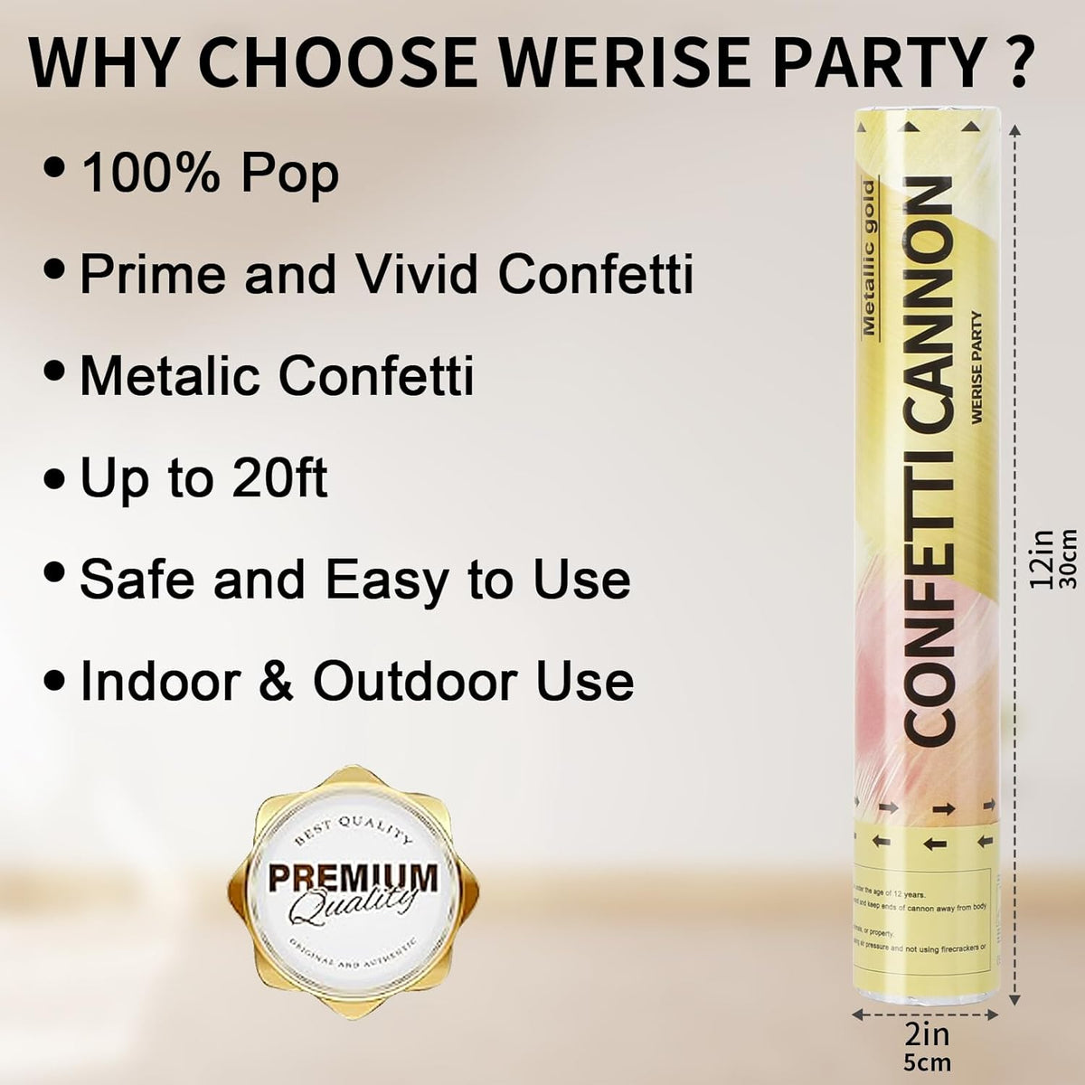 Gold Confetti Poppers Cannon, 6 Pack WERISE PARTY Gold Mylar Party Popper Shooter for Birthday
