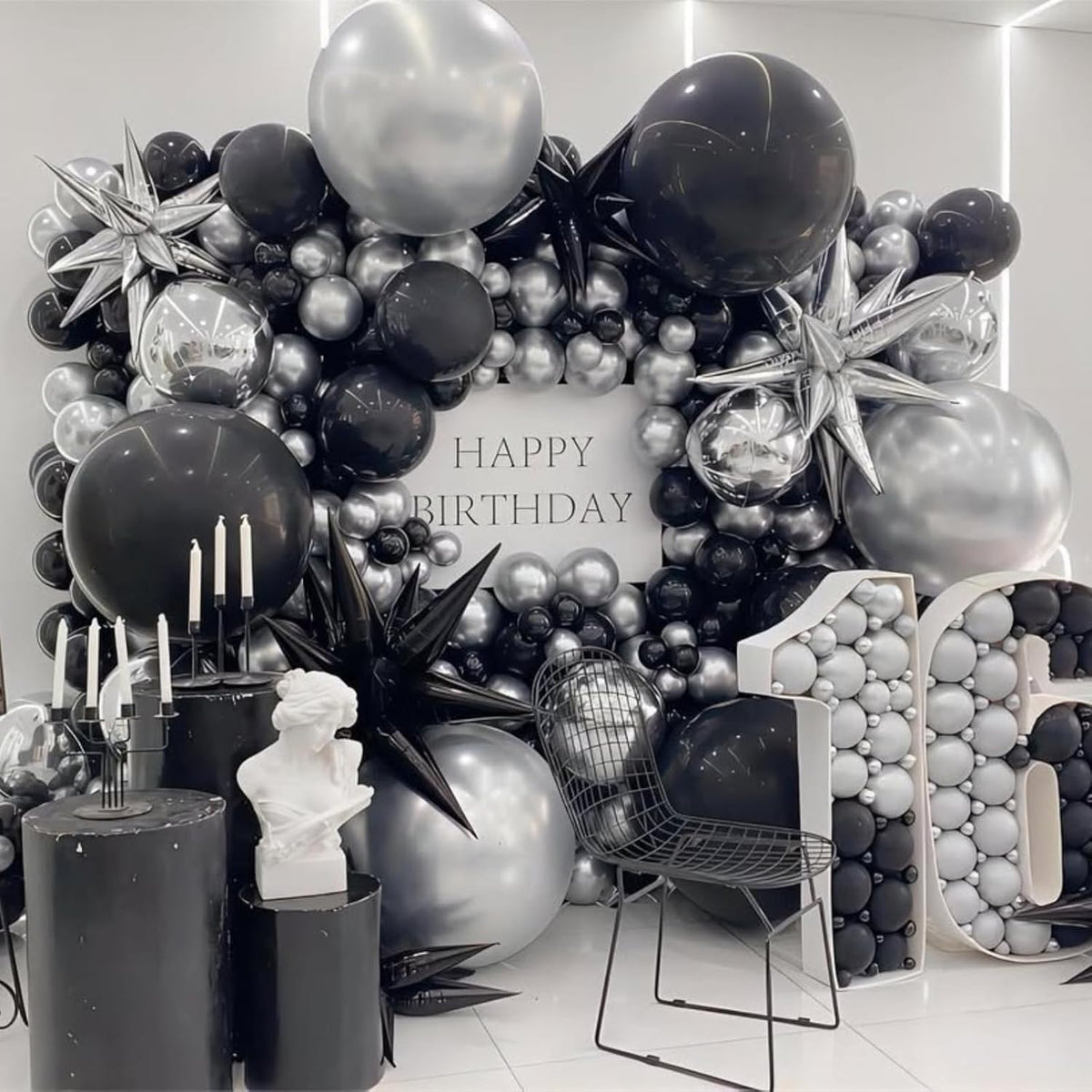 Silver Star Balloons 12pcs, 27/22 Inch Foil Star Explosion Balloons, Large Spike Mylar Cone