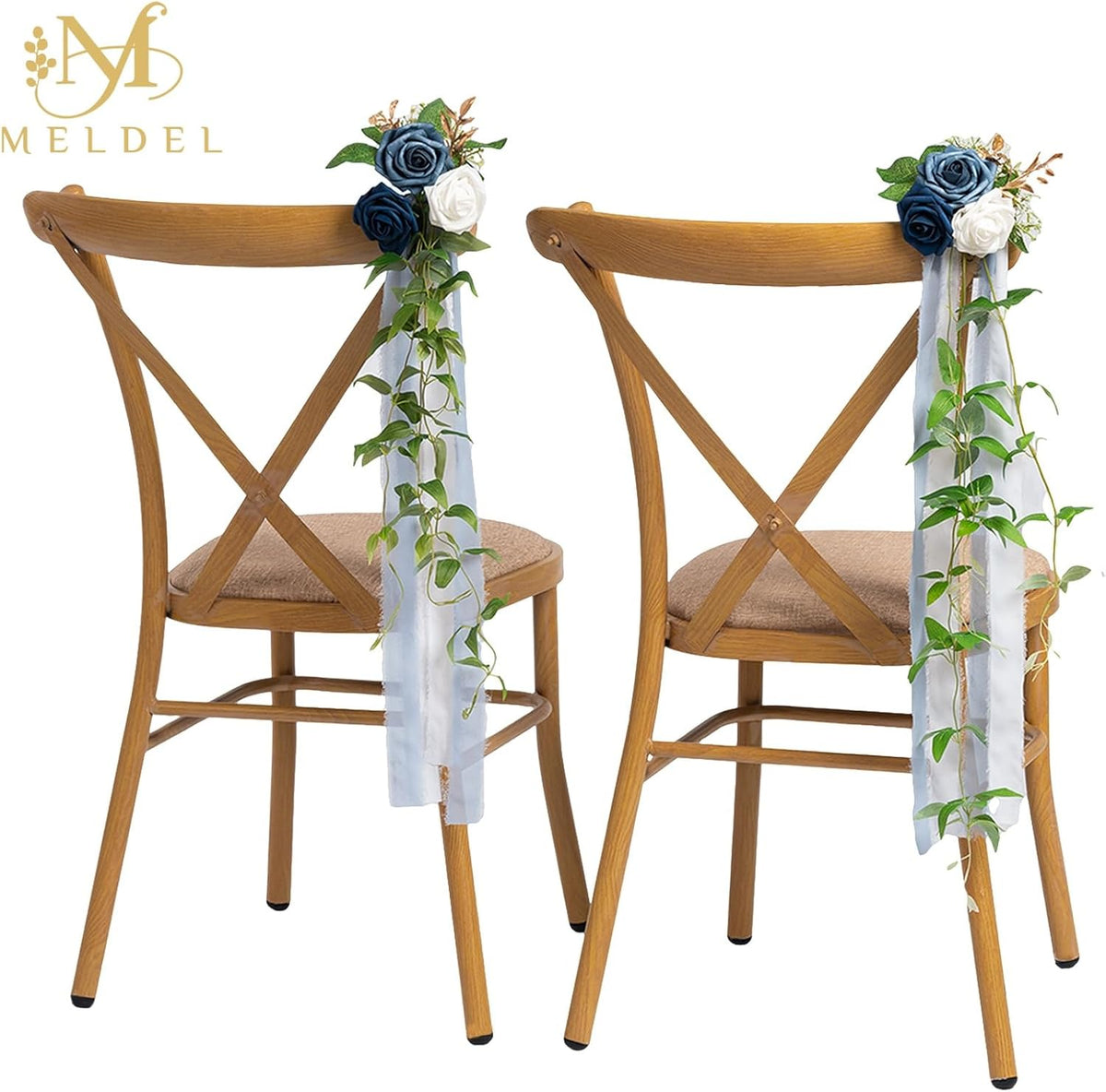Meldel 10Pcs Elegnat Wedding Chair Back Decorations Aisle Artificial Blue White Rose Flowers