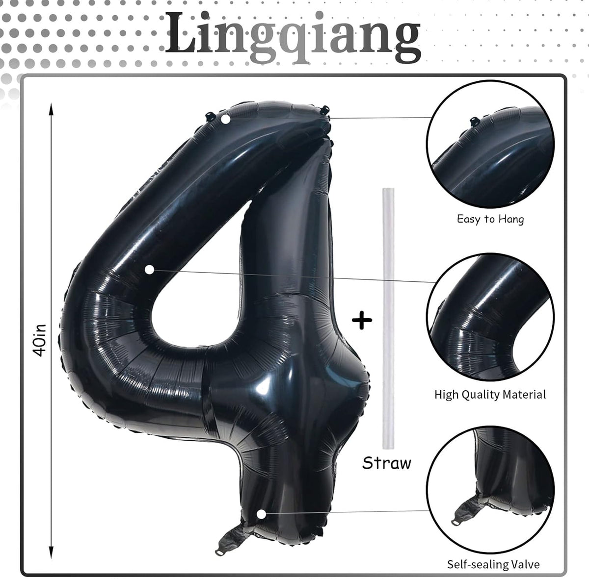 Black Number Balloons, 40inch Large Number 4 Foil Mylar Helium Balloons, Self Inflating Number