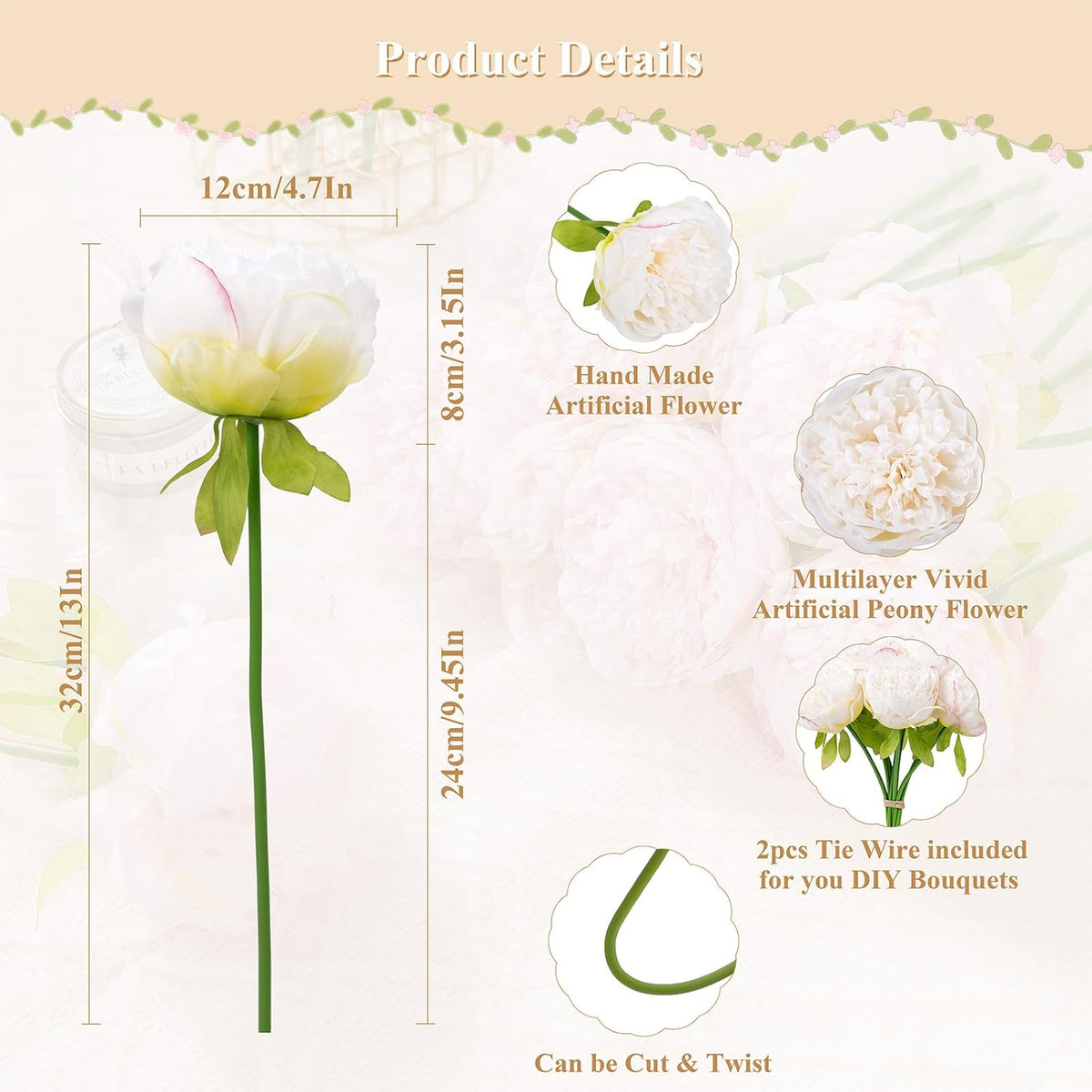 U'Artlines 20 Heads Artificial Peony Silk Flower Leaf Home Office Wedding Party Festival Bar Decor