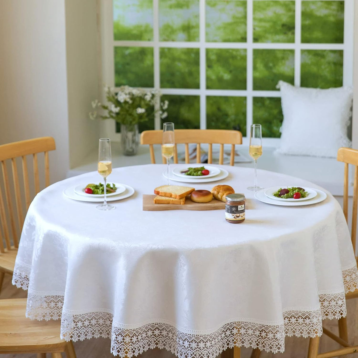 White lace Premium Round Farmhouse Tablecloth Waterproof OilProof SpillProof AntiShrink Soft