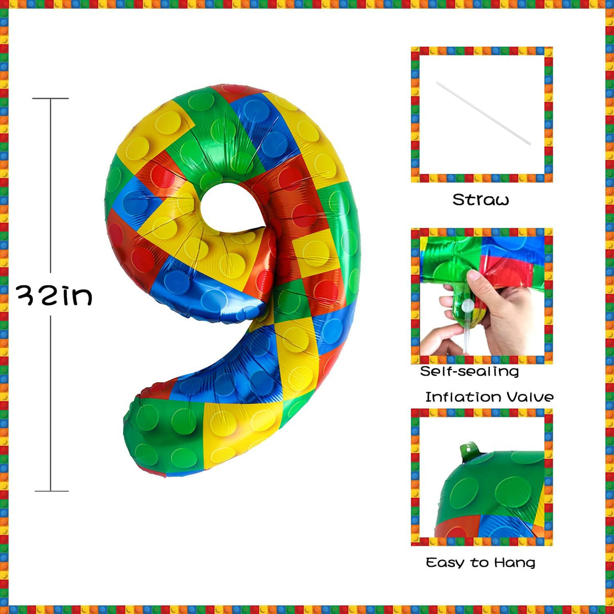 32 Inch Stackable Block Number Balloon – Colorful Brick Building Themed Big Helium Digits for Kids