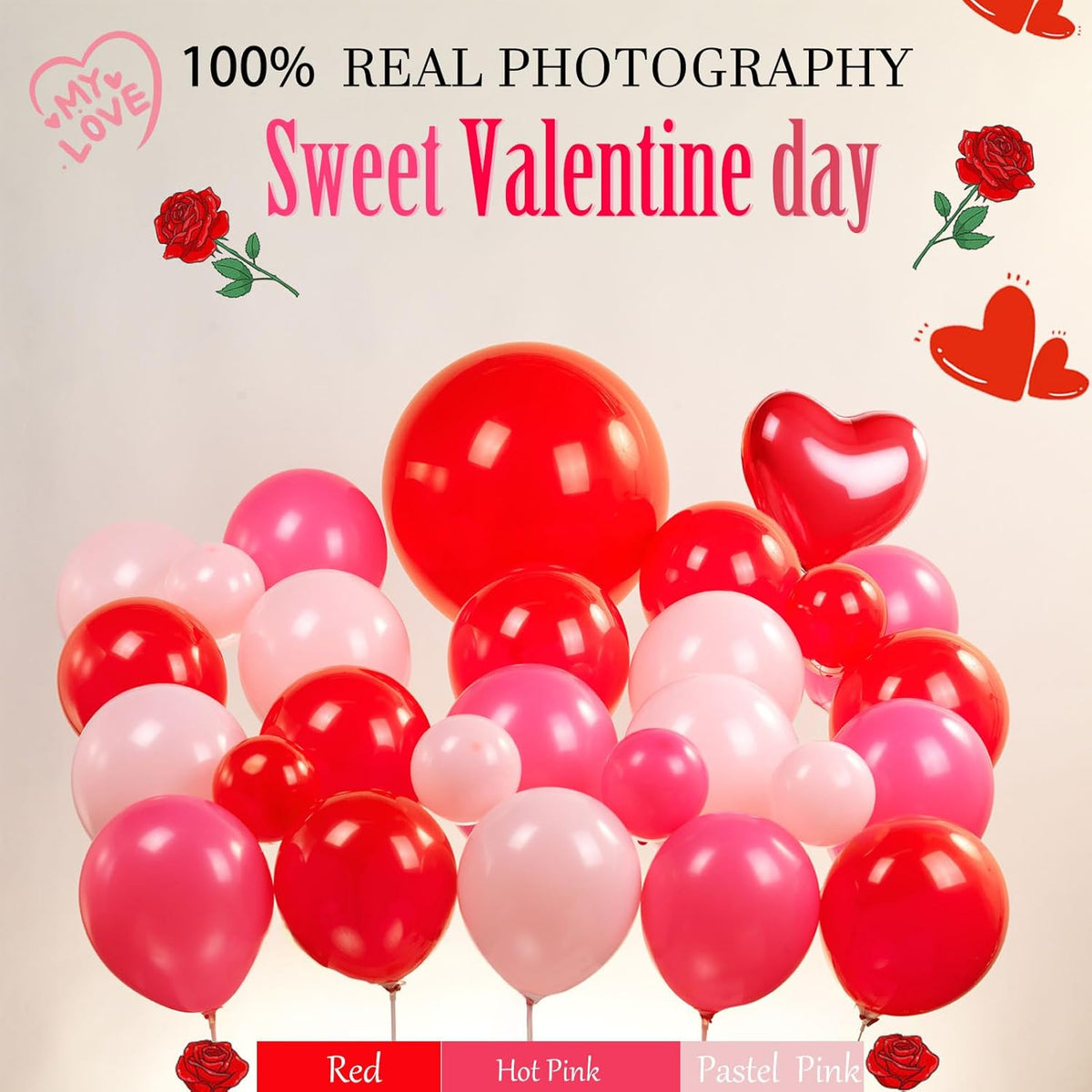 Valentines Day balloon garland arch kit with red Hot pink and love theme mylar lip heart-shaped