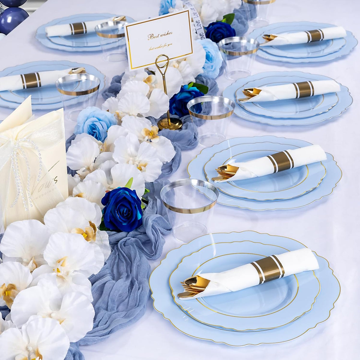 Liacere 350PCS Bule Plastic Plates - Disposable Bule and Gold Plates 50guest Baroque Plastic