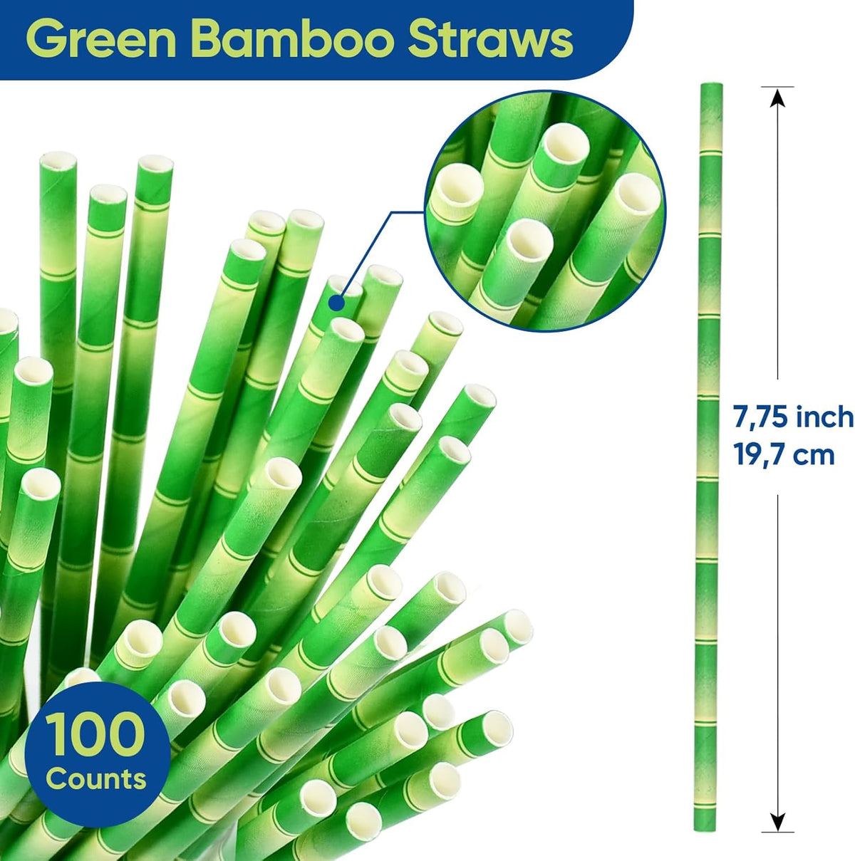 Paper Straws for Drinking Green Bamboo, 7.75" x 0.24" - for Cocktail, Juice, Iced Tea, 100%