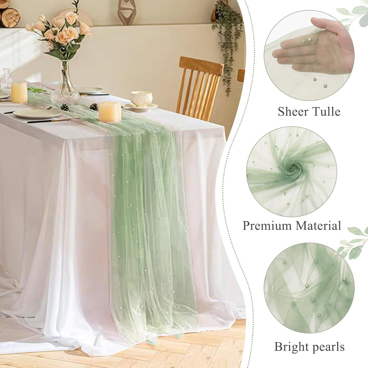 Set of 6 Pearl Table Runner 29 x 120 Inch Sage Green Tulle Fabric Lace Table Runners Boho Rustic
