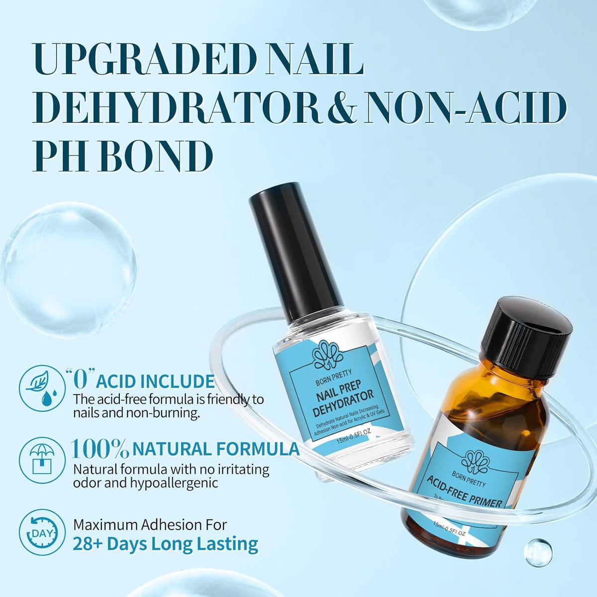 BORN PRETTY Natural Nail Prep Dehydrate and Bond Primer Acid-Free,15ml Dehydrator for Acrylic and