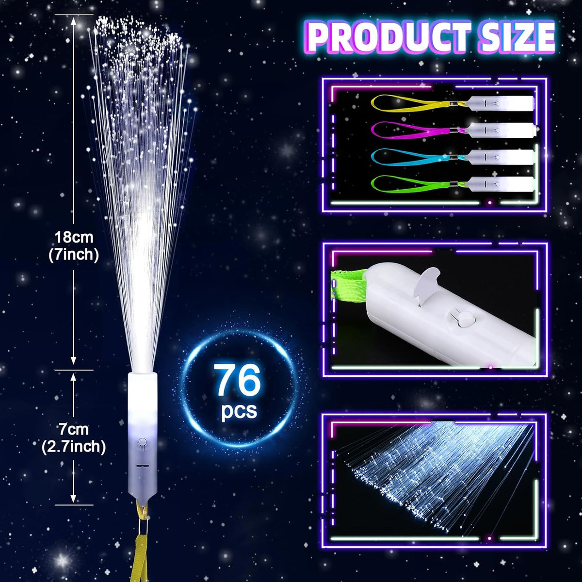 76 PCS White Fiber Optic Sticks, LED Fiber Wands, Fiber Optic Wand with 3 Light Modes, Glow in the