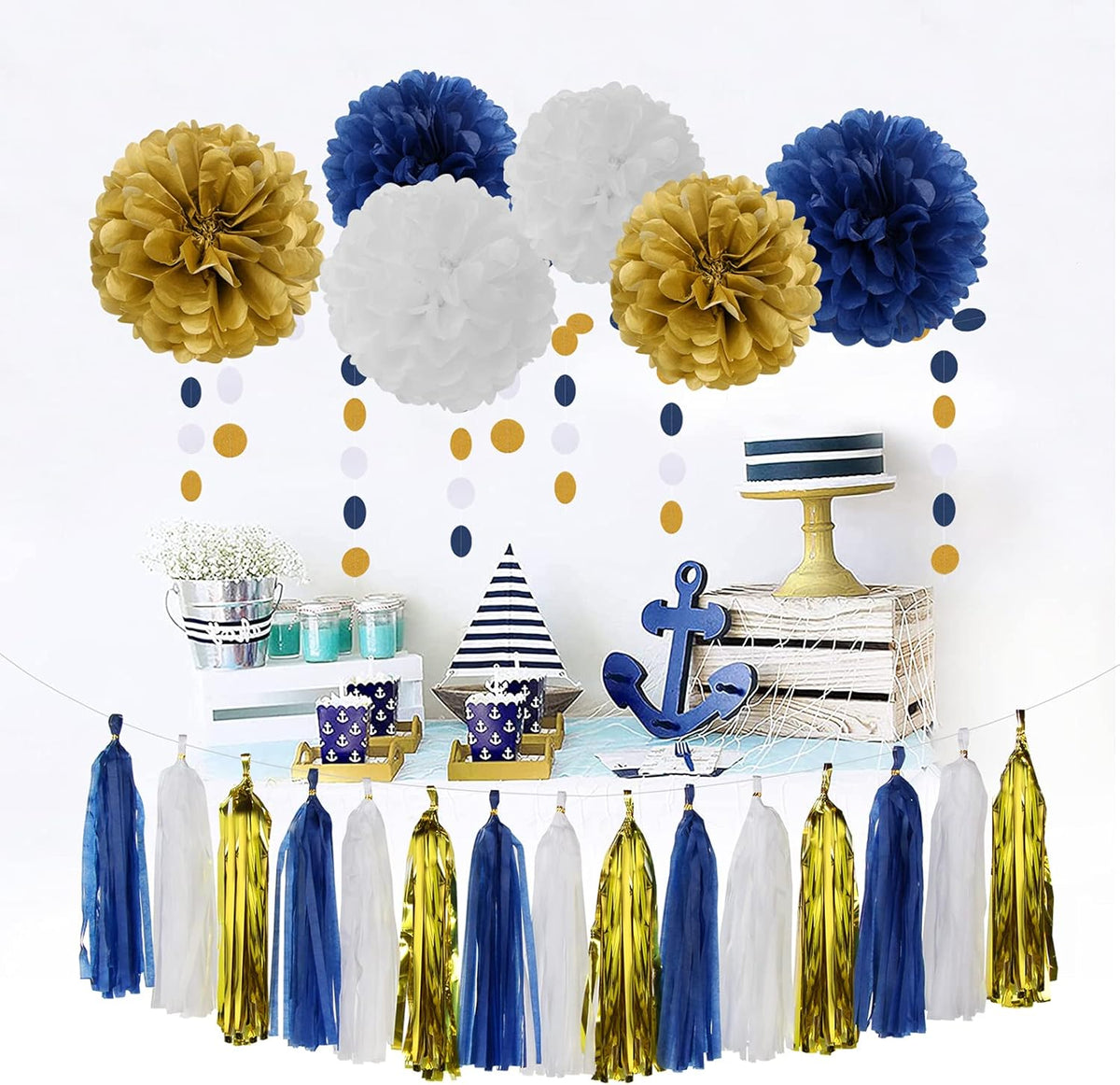 Navy Blue White Gold Party Decoration 23pcs Kits-Paper Flowers,Banner Flags,Circle Banner,Tassel