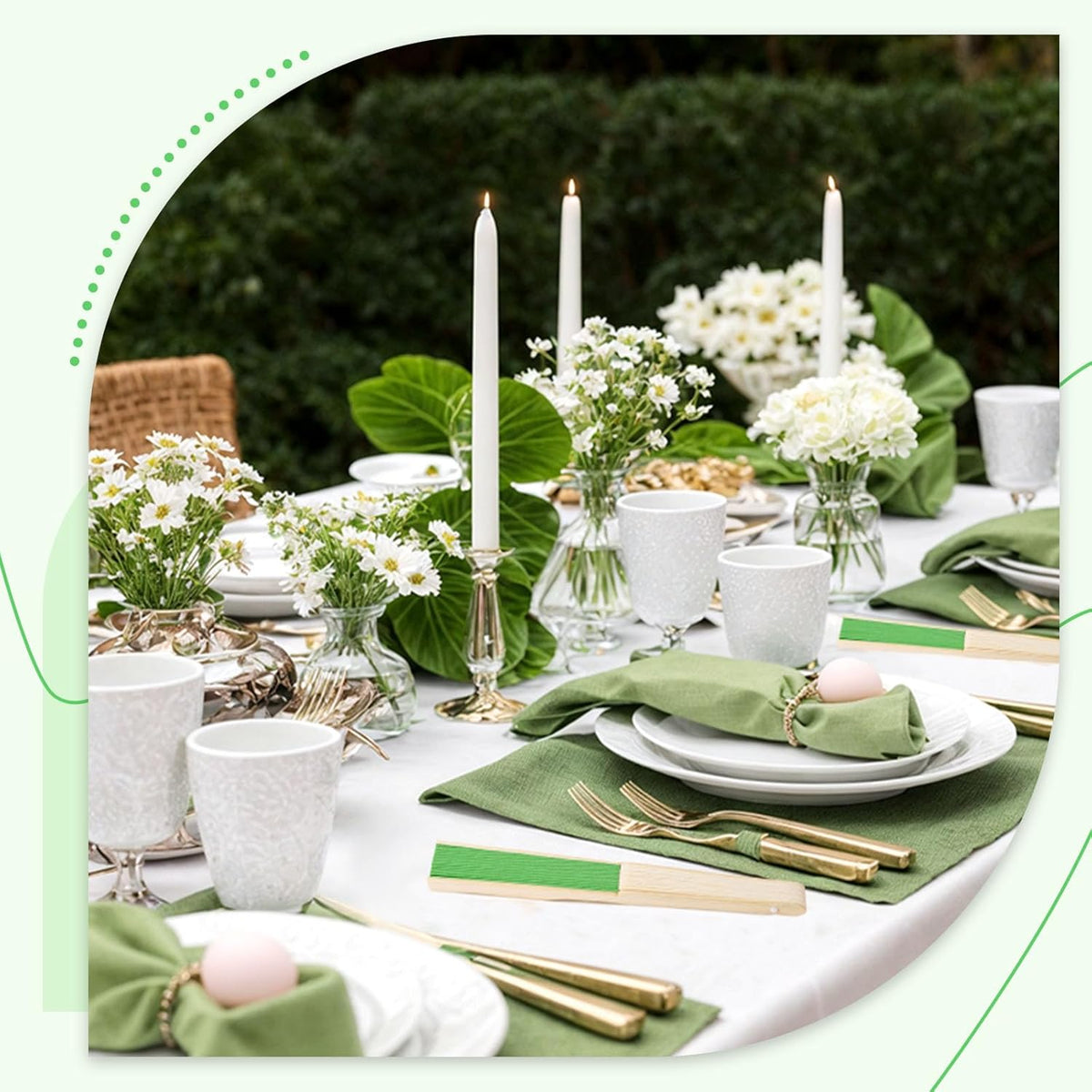 JOHOUSE 12PCS Foldable Hand Fan, 8.3 Inch Green Paper Fans for Woodland Baby Shower Decorations